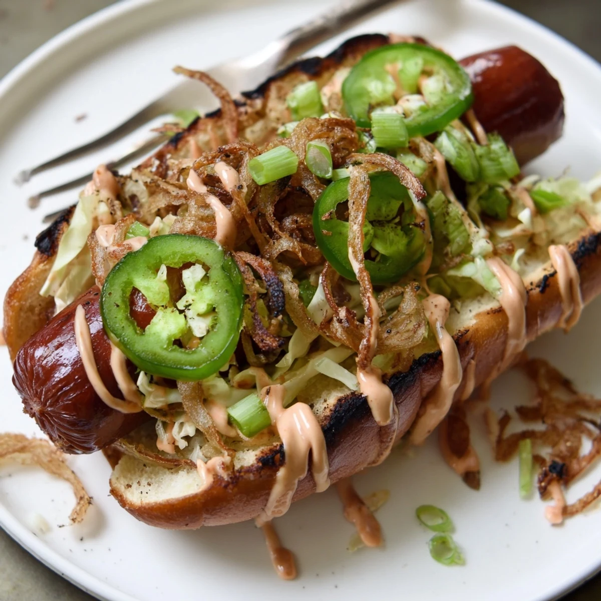 Smoky grilled Spicy Firecracker Hot Dogs recipe accompanied by cold lemonade, extra sauce