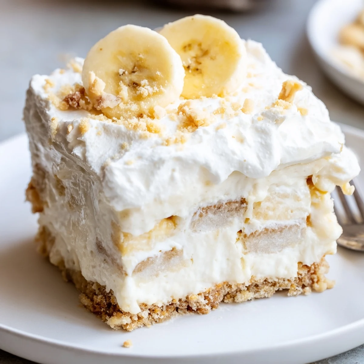 Banana Pudding Cheesecake Squares on parchment lined pan, creamy layers and sliced bananas