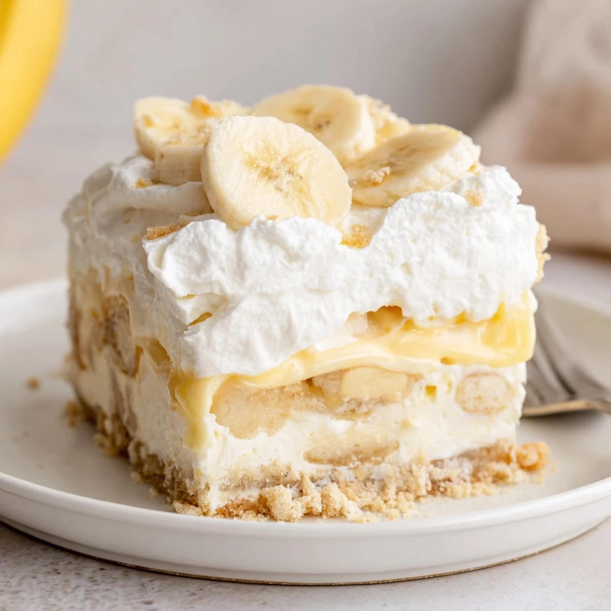 Sliced Banana Pudding Cheesecake Squares served with whipped cream, vanilla wafer crumbs
