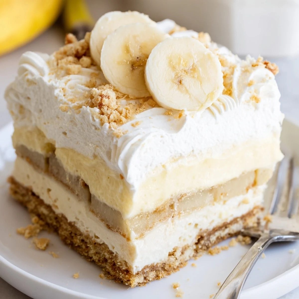 Chilled Banana Pudding Cheesecake Squares showing golden wafer crust, fluffy banana topping
