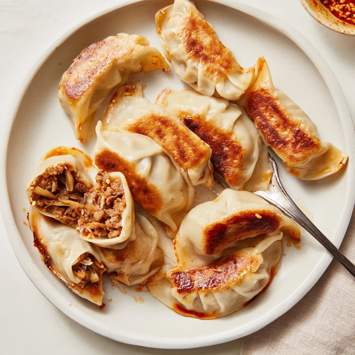 Crispy pan fried dumplings of Savory Beef Mandu With Sweet Gochujang Glaze glistening