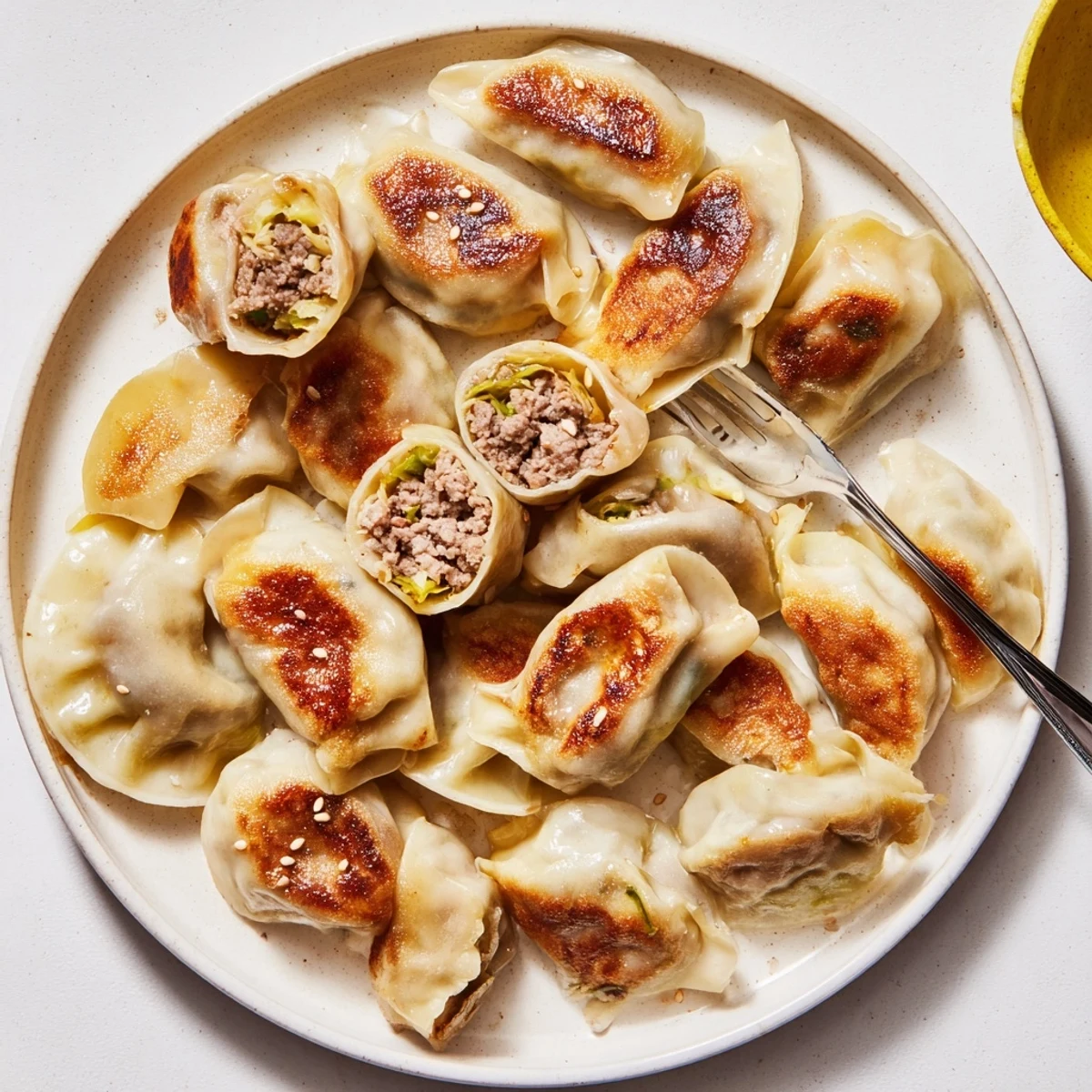Closeup of Savory Beef Mandu With Sweet Gochujang Glaze revealing browned crisp edges