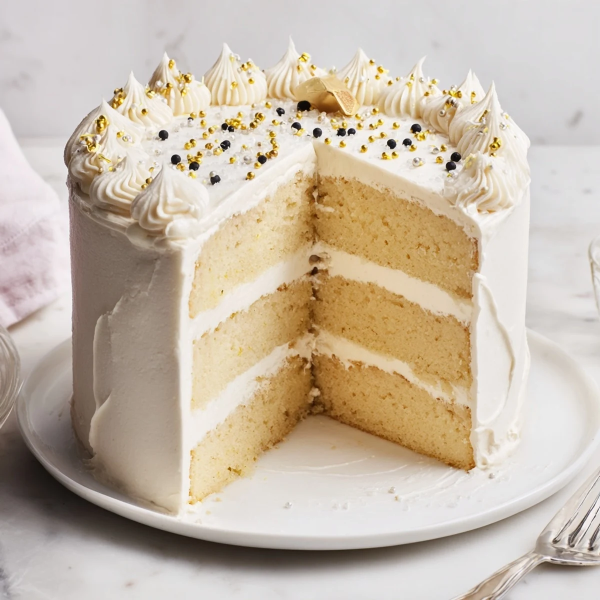 Graduation Cake Recipe: moist vanilla layers with creamy buttercream and gold pearls