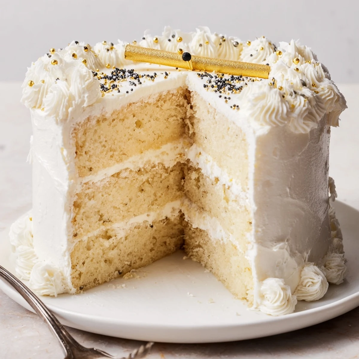 A slice from the Graduation Cake Recipe sits beside sparkling cider, buttery frosting