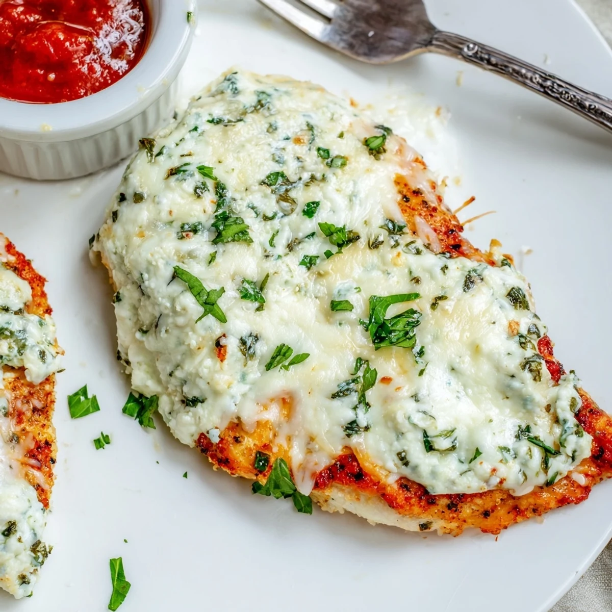 Slices of Tasty Baked Ricotta Chicken on plate beside garlic bread