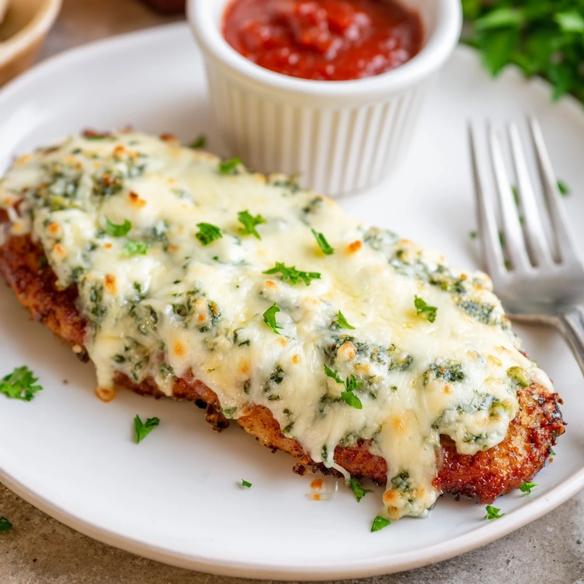 Tasty Baked Ricotta Chicken with golden bubbly cheese, fresh parsley garnish