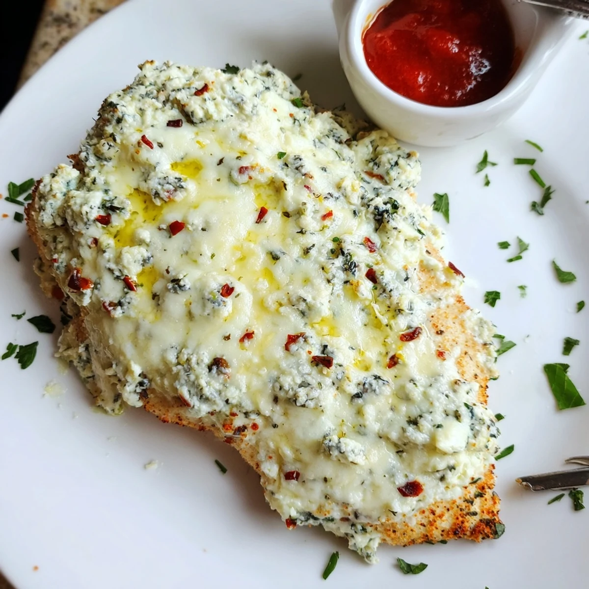 Fresh from oven Tasty Baked Ricotta Chicken with creamy browned ricotta topping