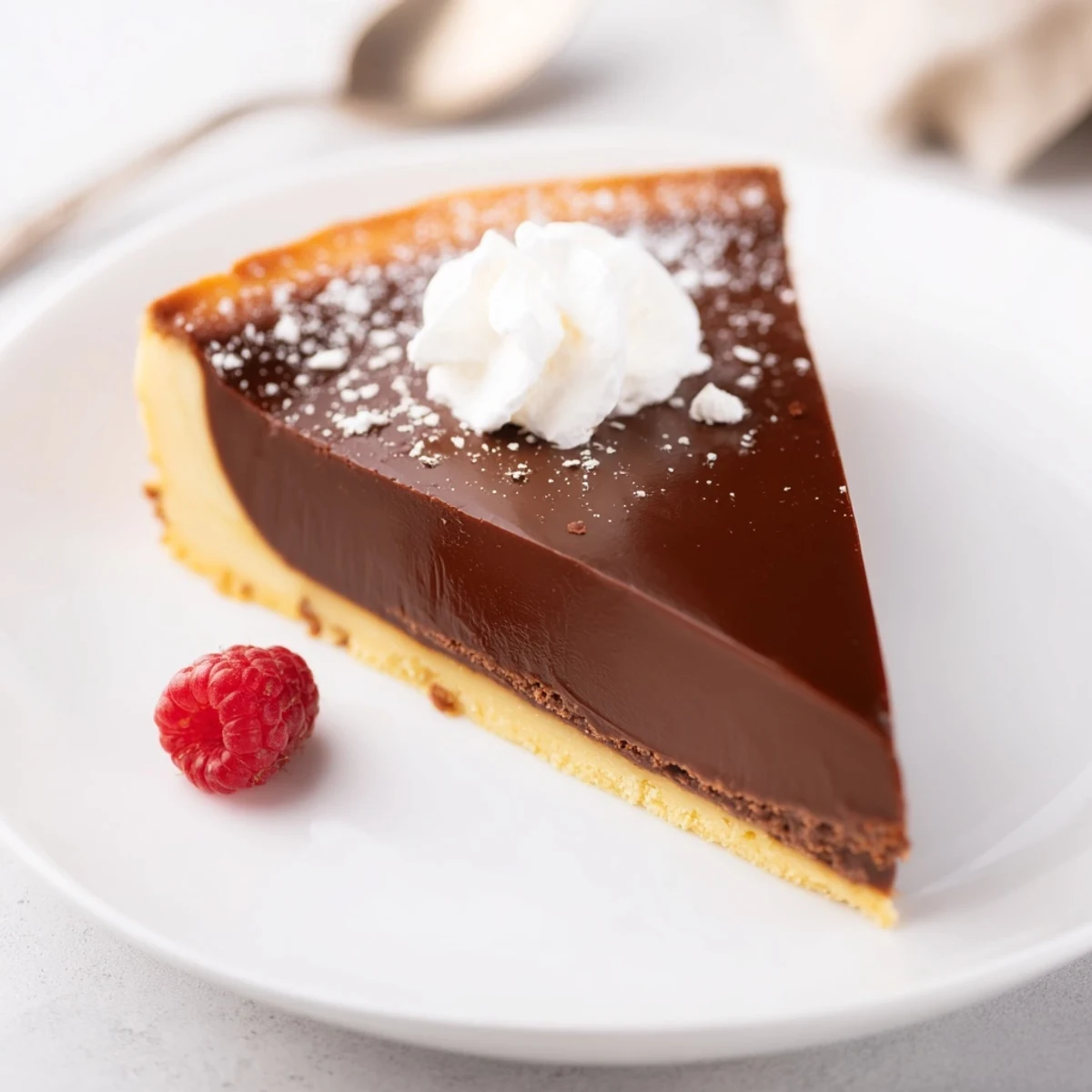 French Chocolate Flan resting in tart pan, silky custard glistening, crust golden