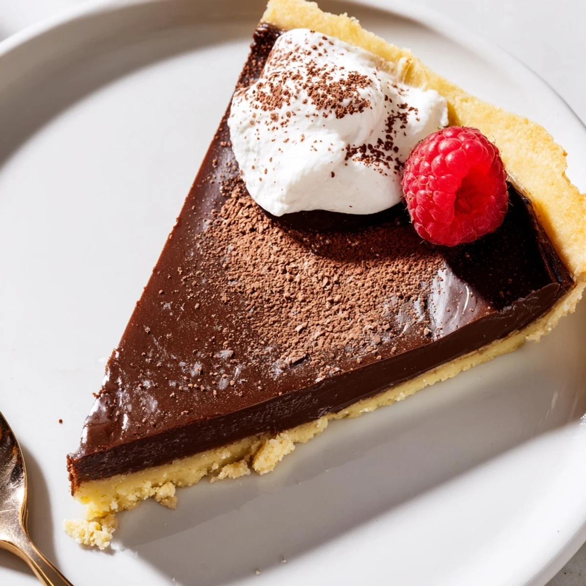 Close-up of French Chocolate Flan dusted with cocoa, berries and fork nearby