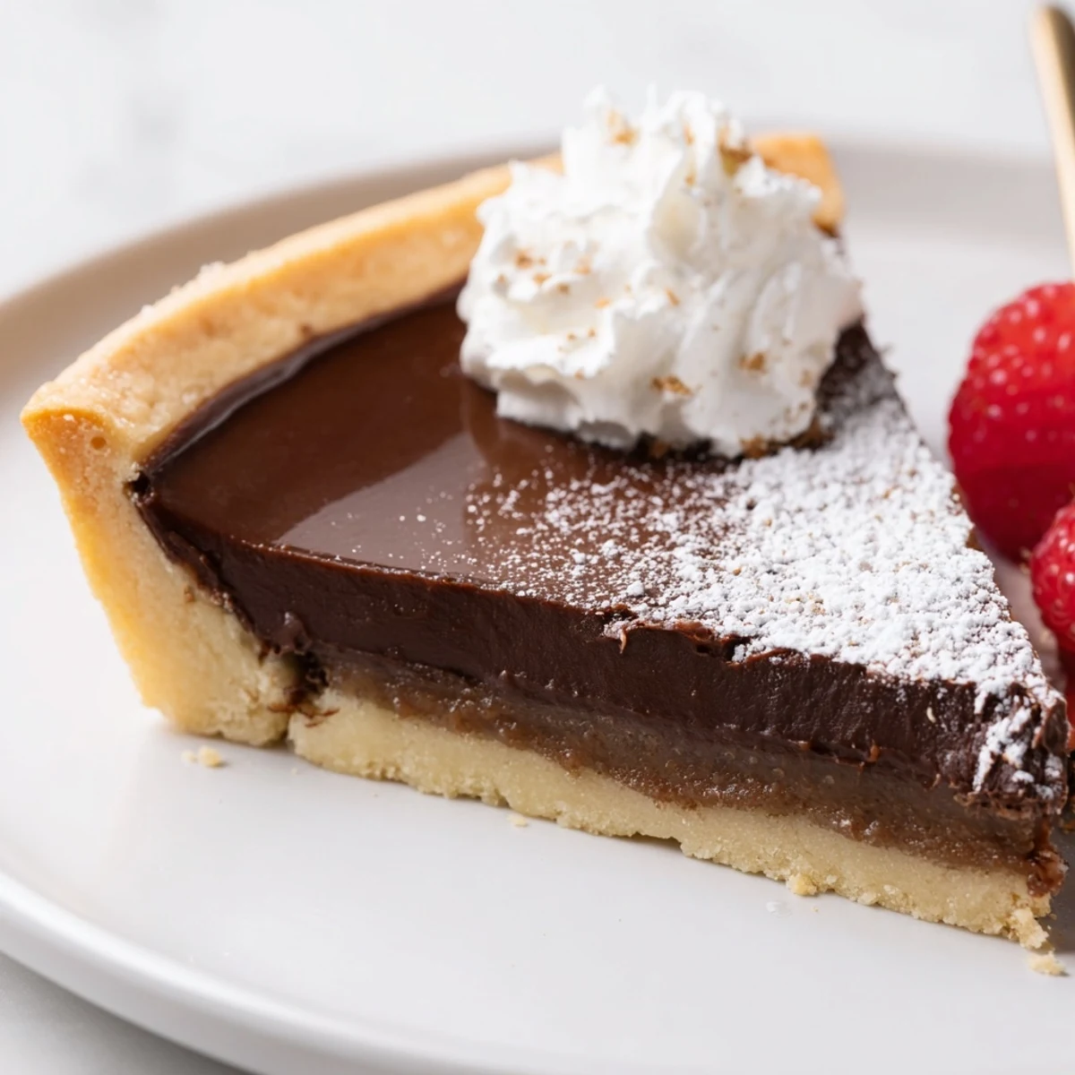 Slice of French Chocolate Flan on plate, wobbly center and whipped cream