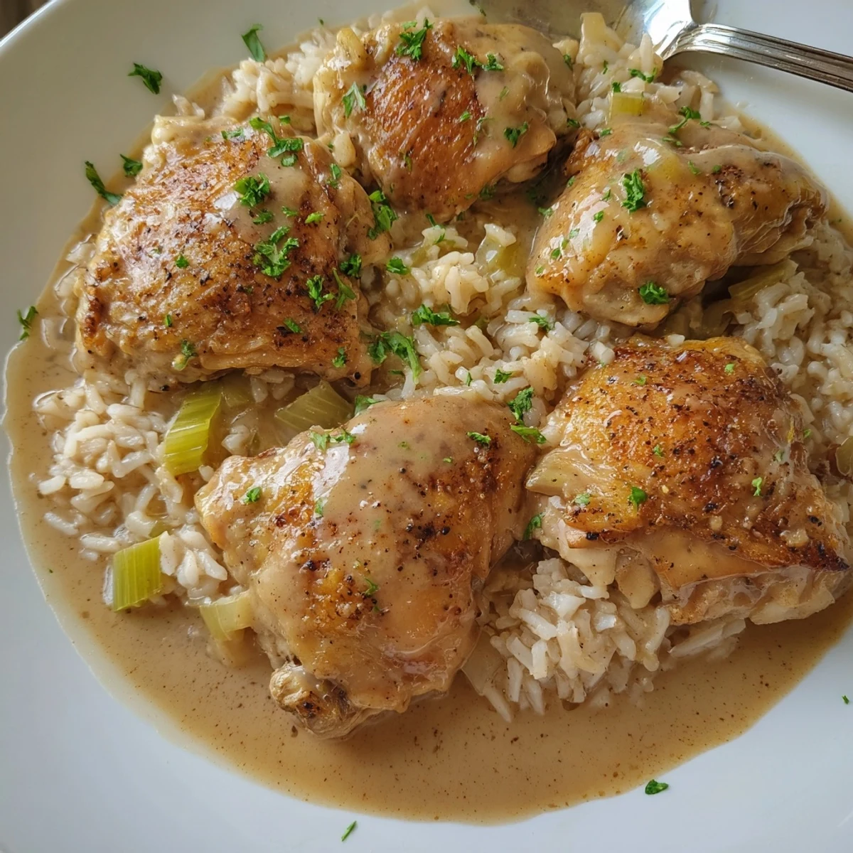 Close-up of Smothered Chicken And Rice, golden-browned thighs and creamy gravy.