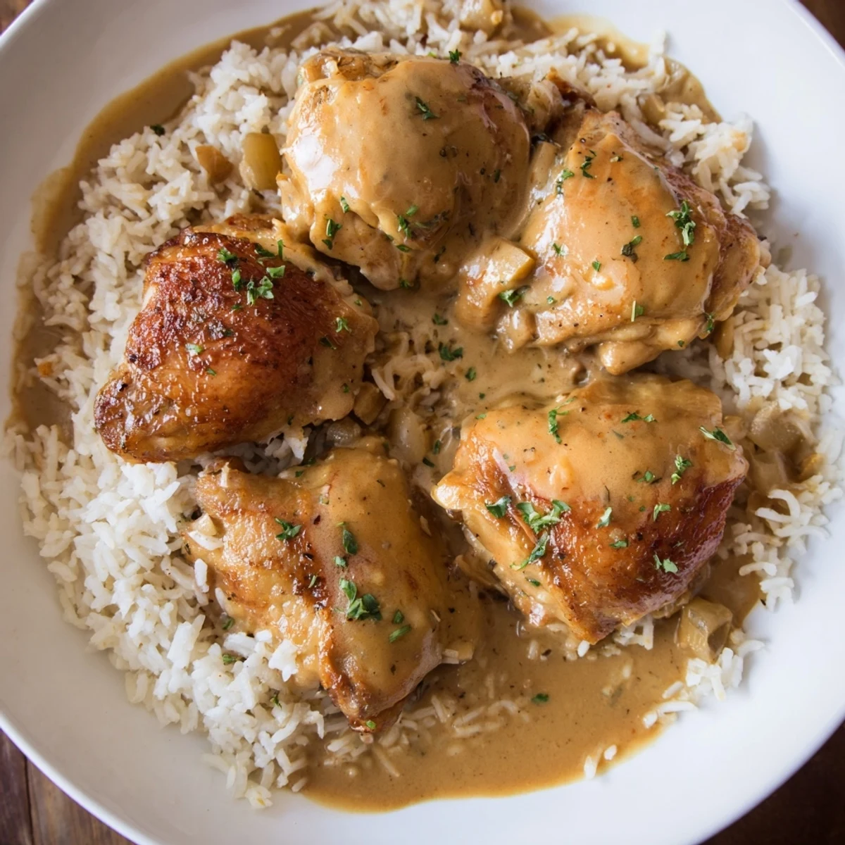 Smothered Chicken And Rice served with parsley garnish, tender thighs and fluffy rice.