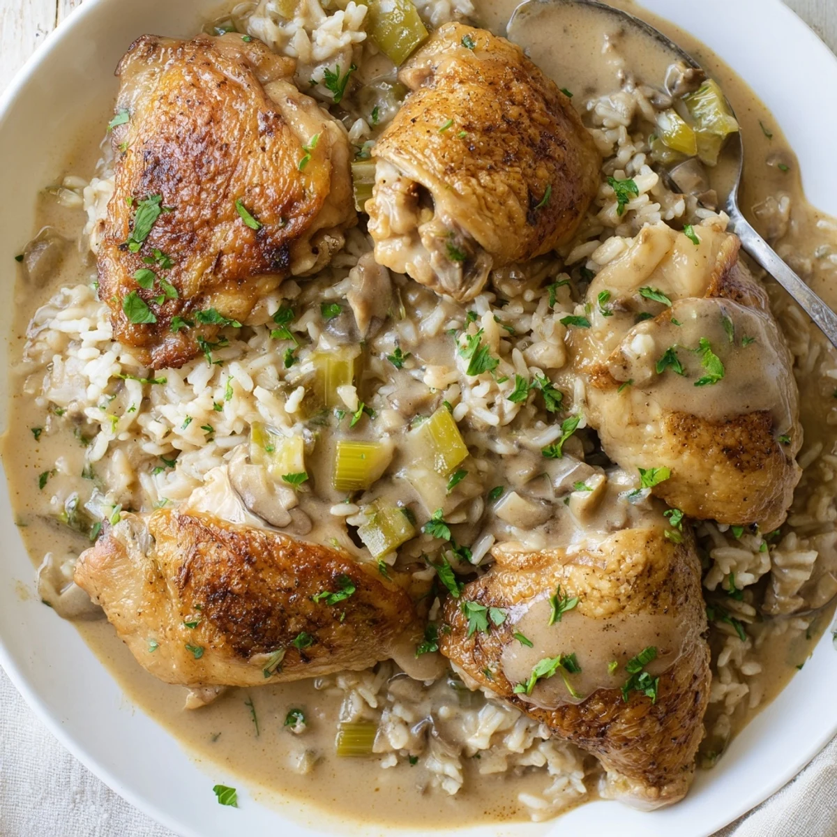 A skillet of Smothered Chicken And Rice bubbling in savory, herb-scented gravy.