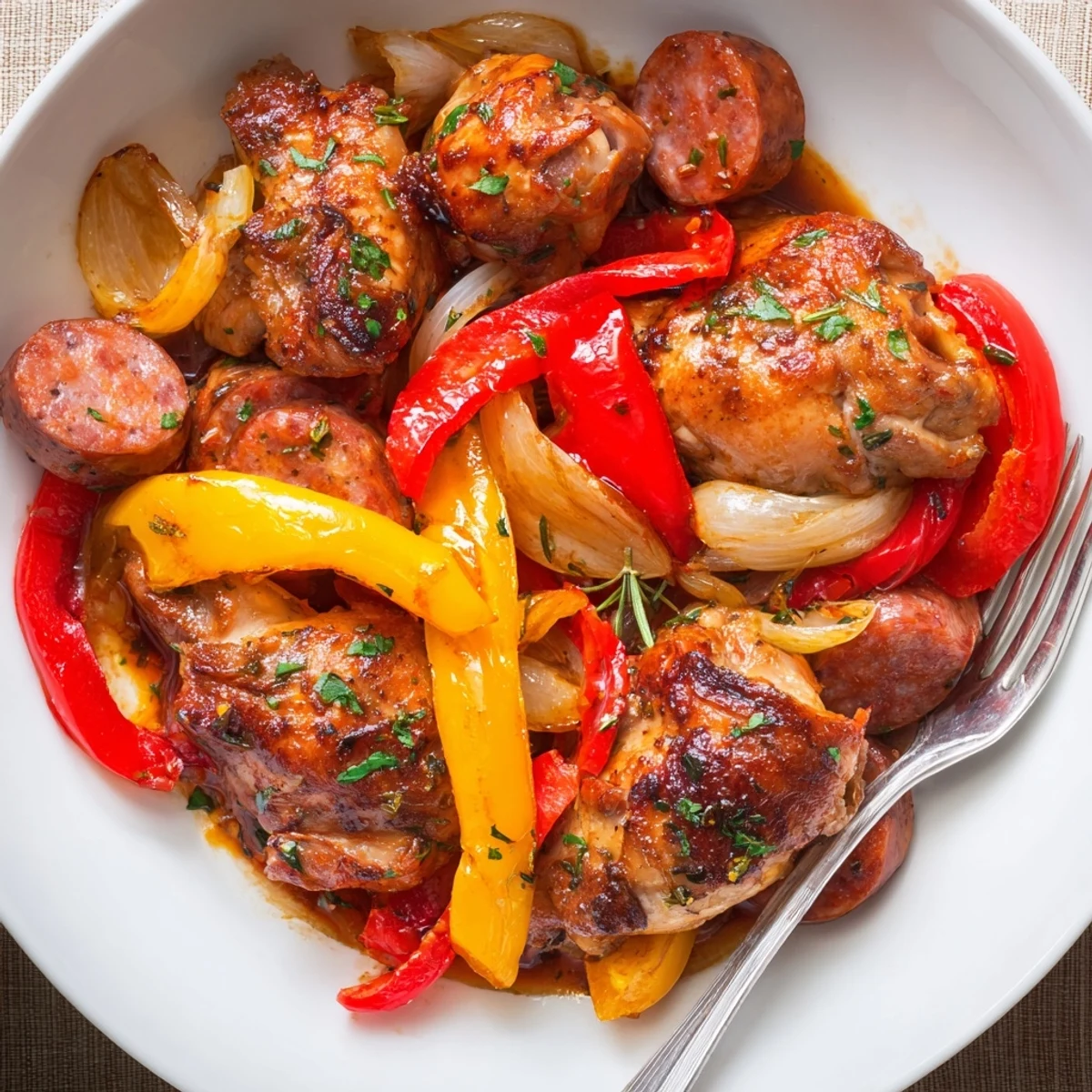 Chicken Scarpariello with browned skin, tangy vinegar sauce and roasted peppers
