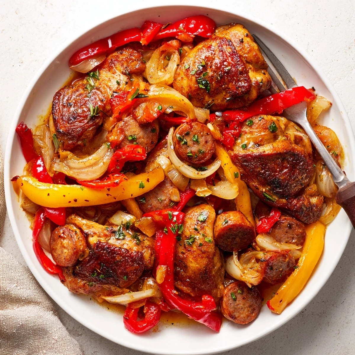 Skillet-baked Chicken Scarpariello: tender thighs, spicy sausage, aromatic rosemary, crusty bread