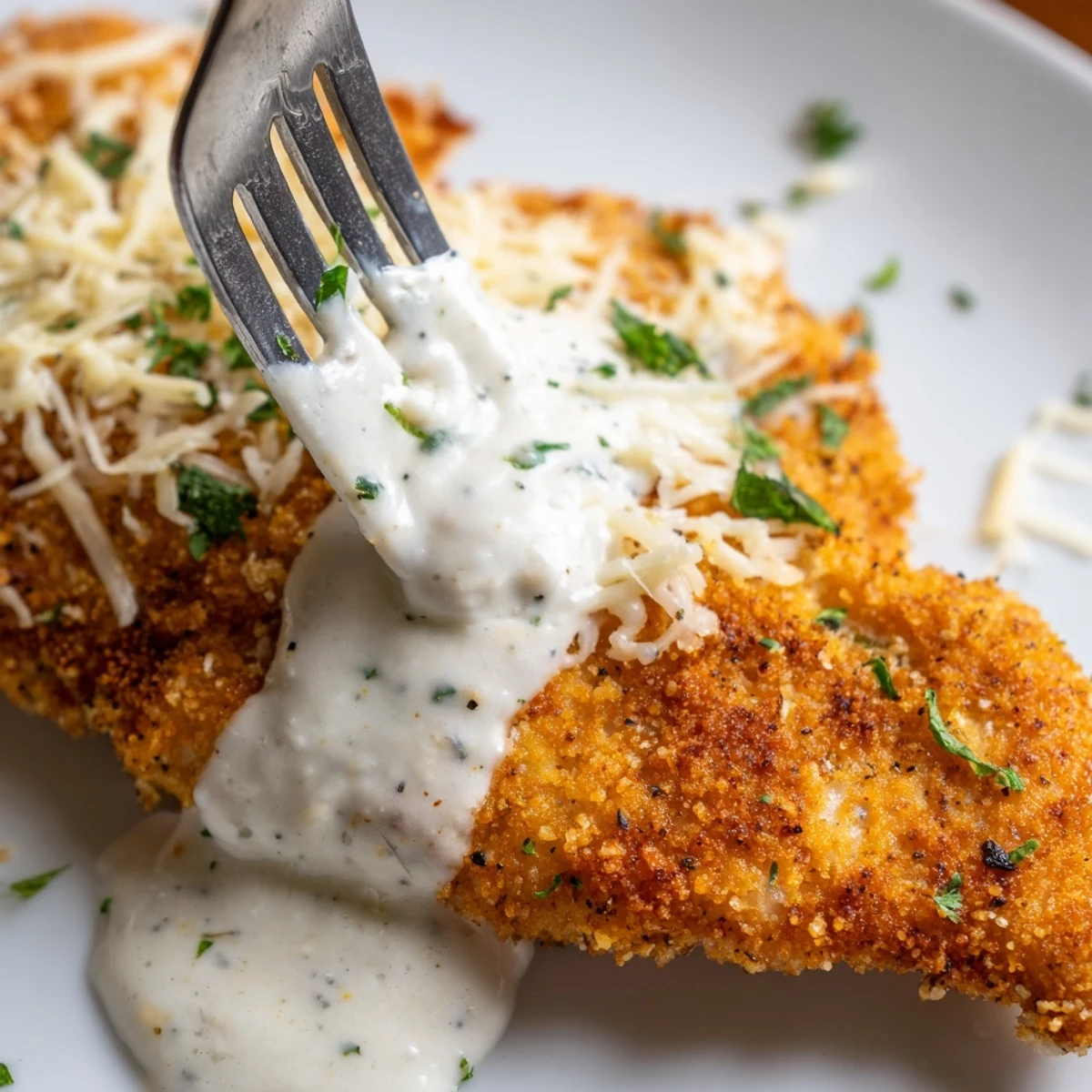 Oven-broiled Longhorn Steakhouse Parmesan Chicken, juicy interior with bubbling golden topping