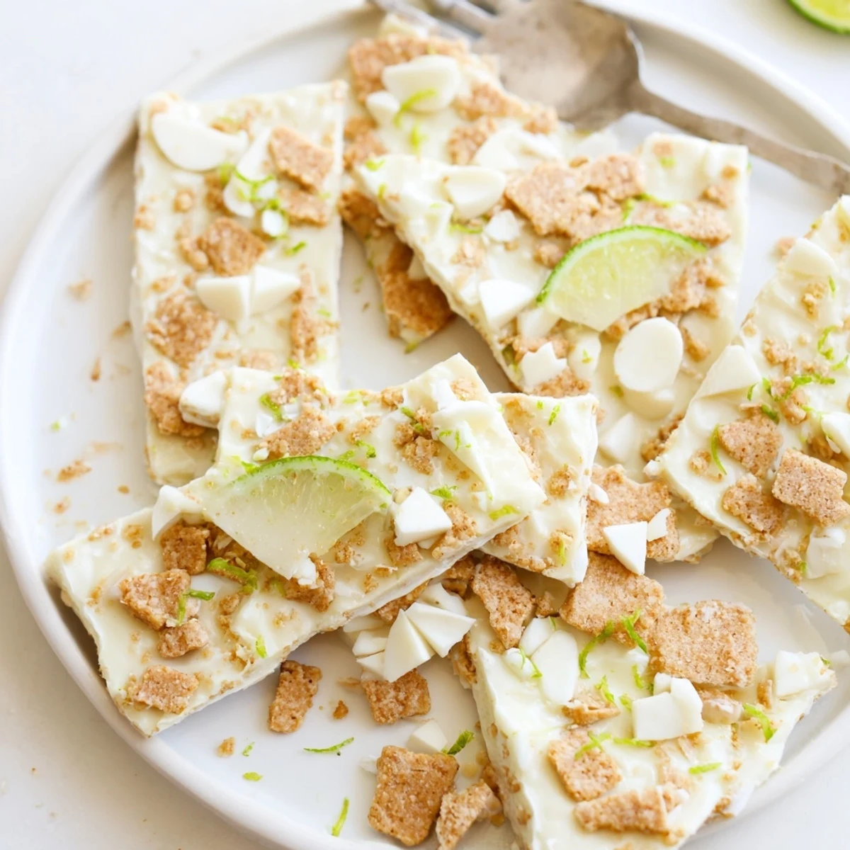 Creamy Key Lime Pie Yogurt Bark topped with crunchy graham and honey drizzle