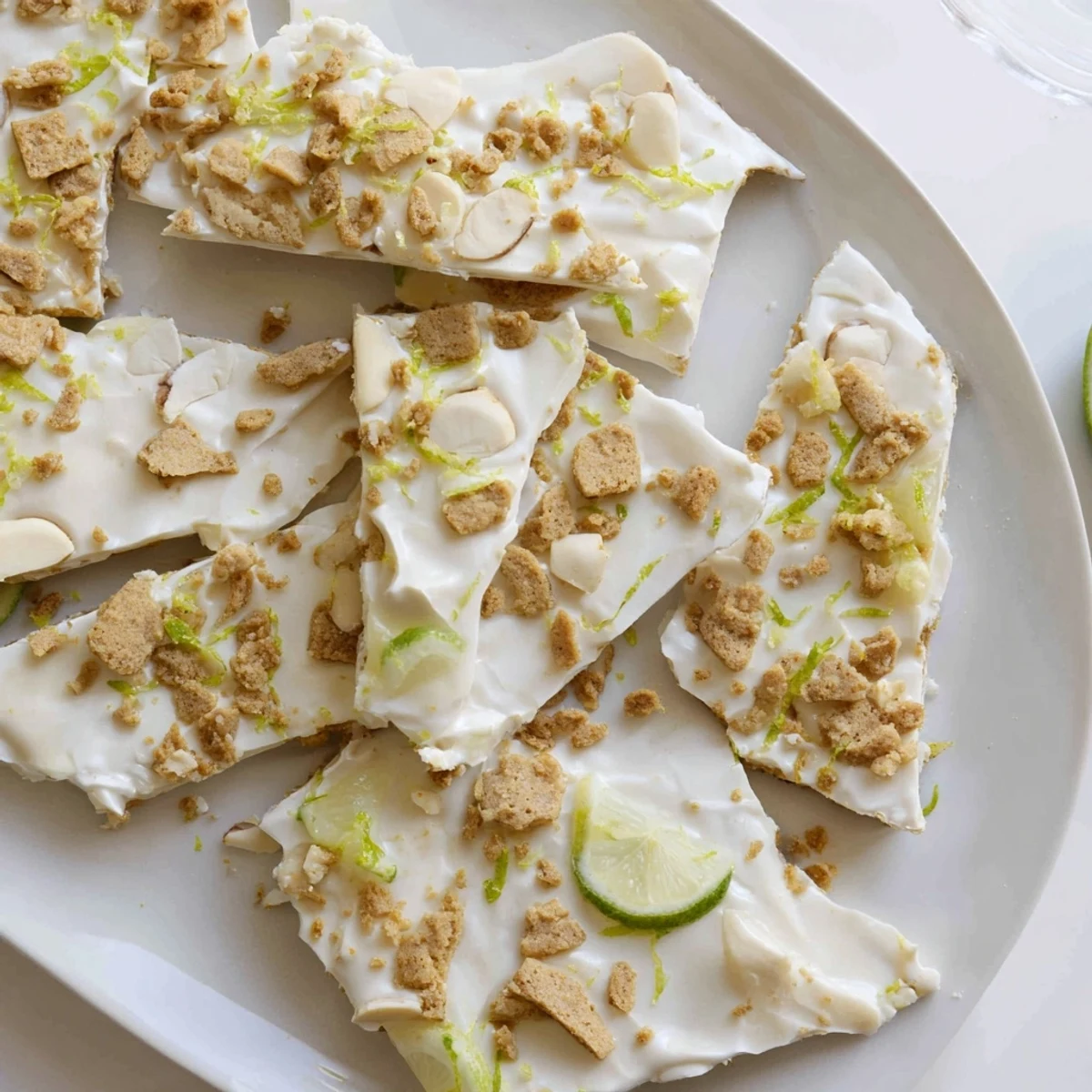 Frozen Key Lime Pie Yogurt Bark pieces sprinkled with bright zesty lime zest