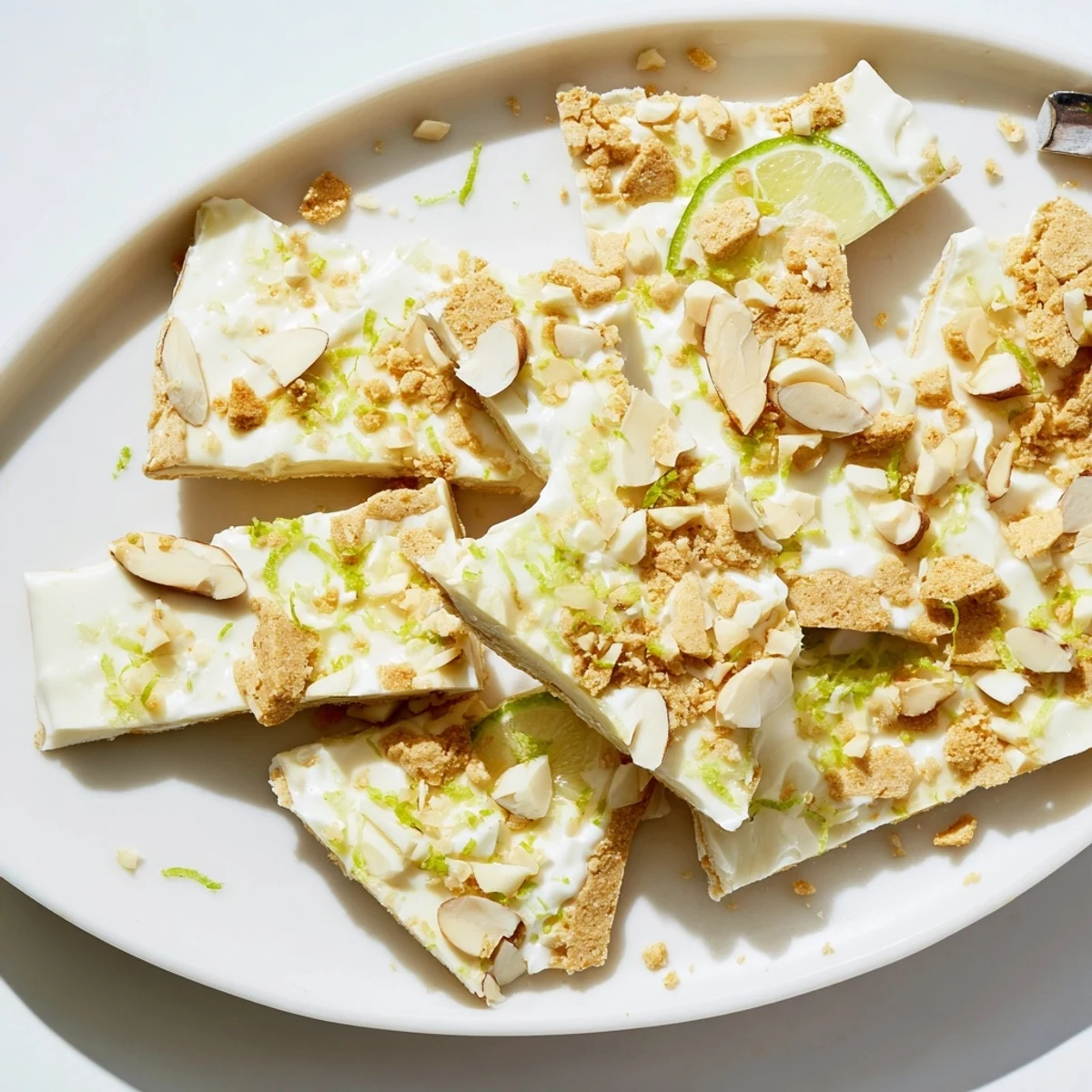 Served straight from freezer, Key Lime Pie Yogurt Bark with toasted almonds