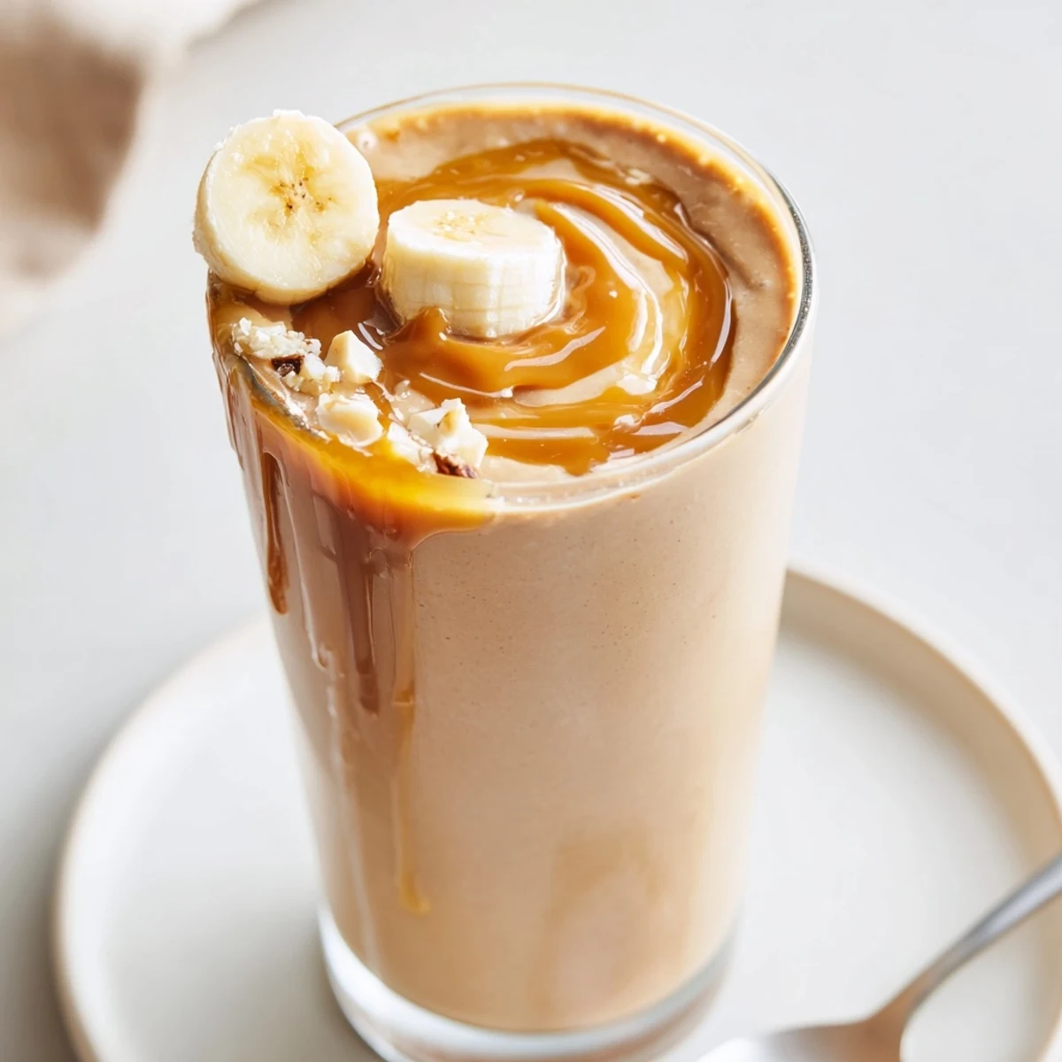 Creamy Salted Caramel Protein Smoothie in glass, drizzled caramel and salt flakes