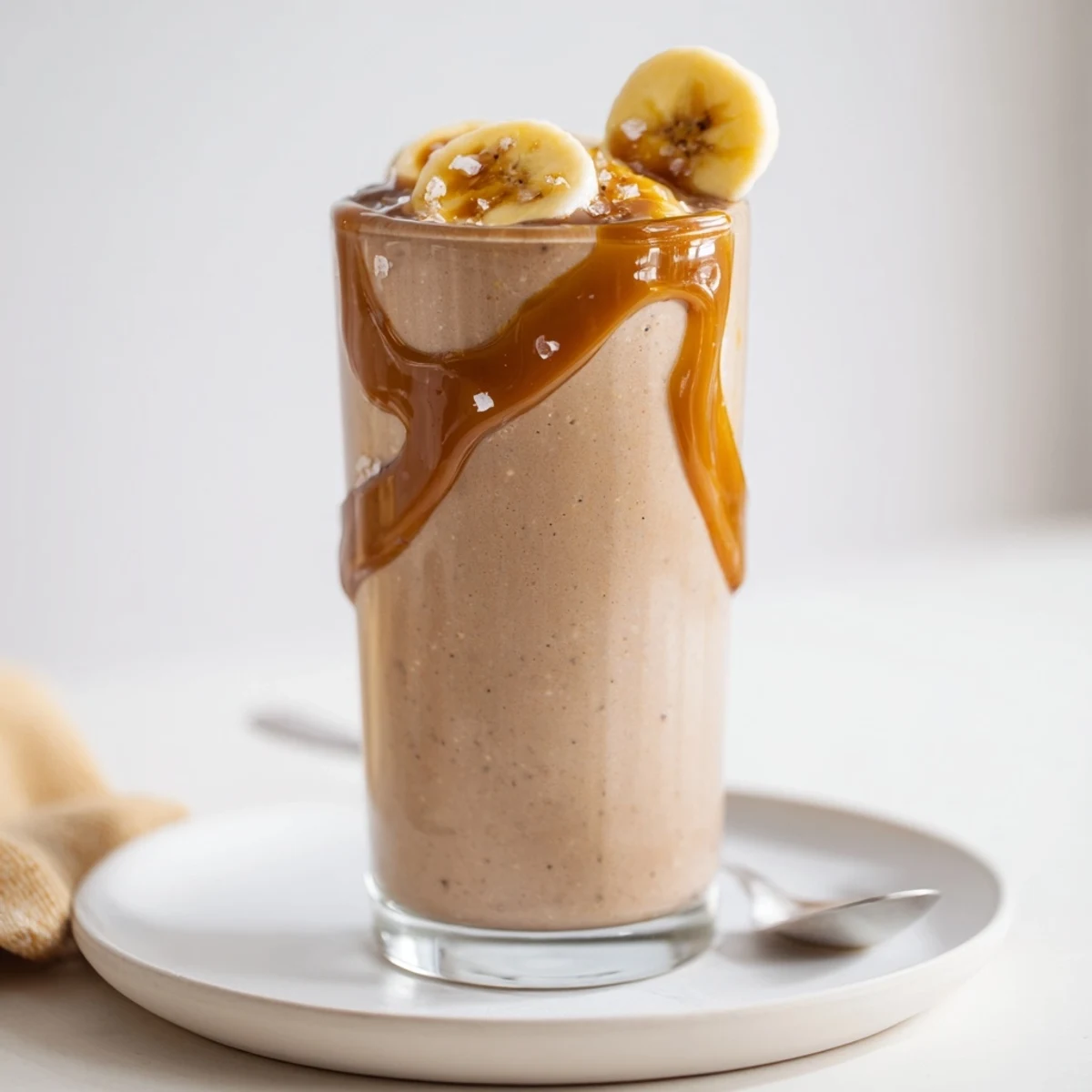 Salted Caramel Protein Smoothie ready for breakfast, with frozen banana and almond butter