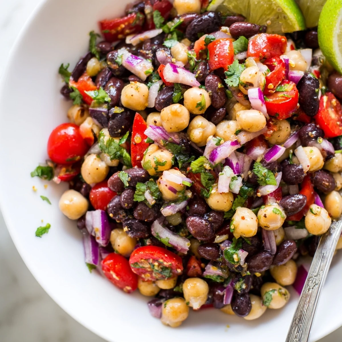 Bright, tangy Marinated Cilantro Lime Bean Salad in chilled serving bowl, cilantro aroma