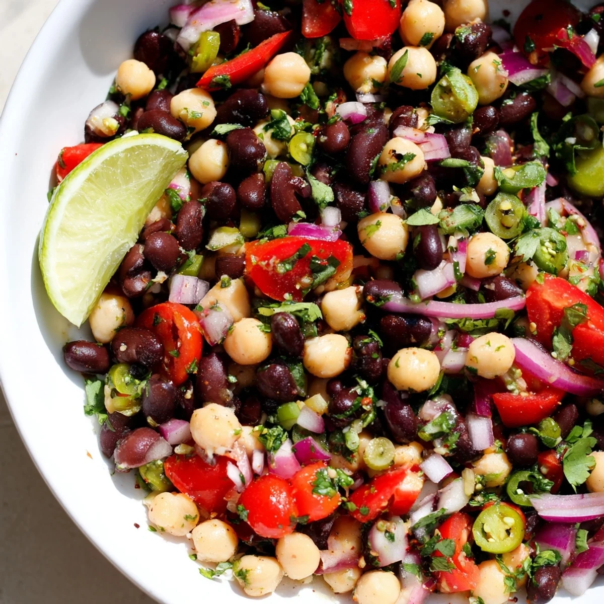 Marinated Cilantro Lime Bean Salad tossed with crisp red pepper, zesty dressing