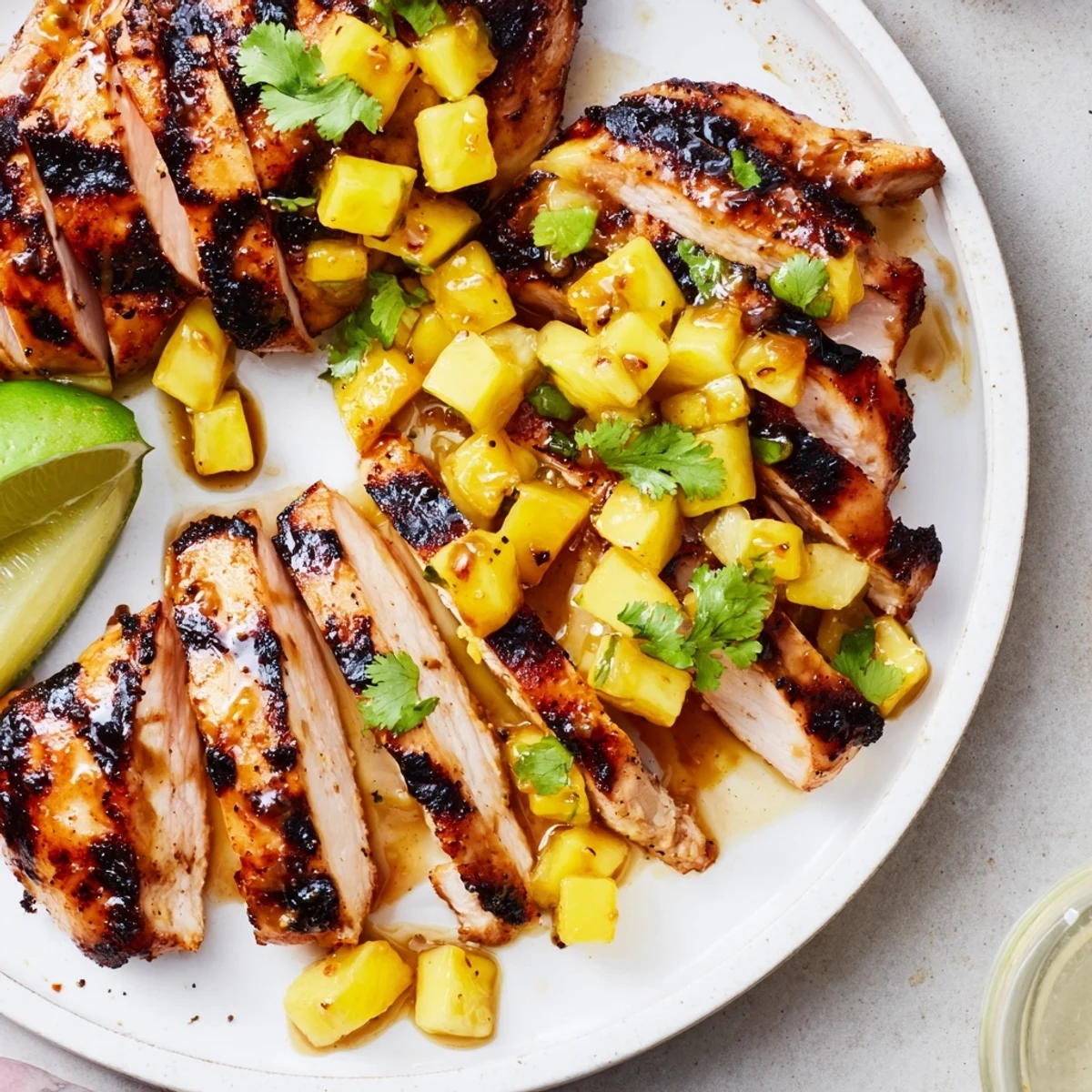 Grilled Mango Pineapple Chicken resting on cutting board, juicy with charred edges