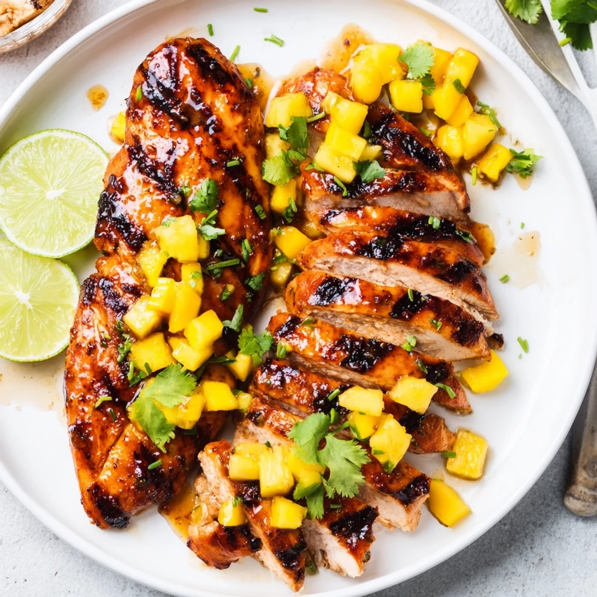 Charred honey lime glazed Grilled Mango Pineapple Chicken topped with chopped cilantro