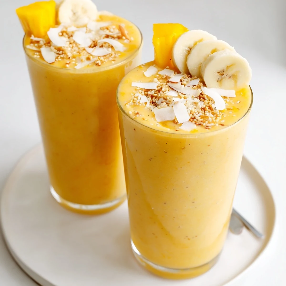 Tropical Sunrise Protein Smoothie Recipe in tall glass, creamy mango-pineapple swirl