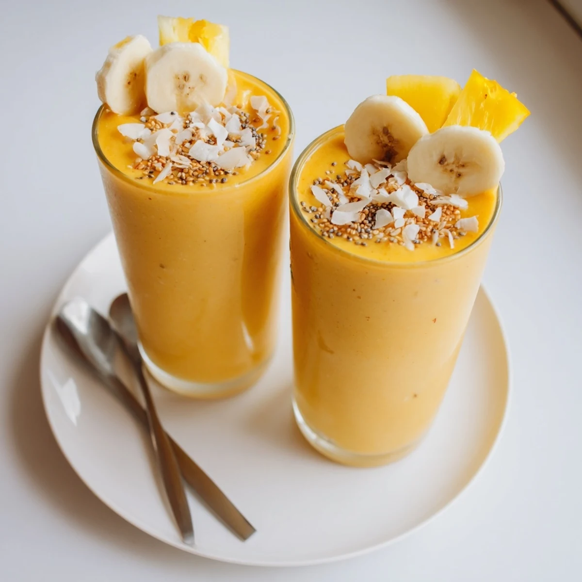 Chilled Tropical Sunrise Protein Smoothie Recipe garnished with banana slice and toasted coconut