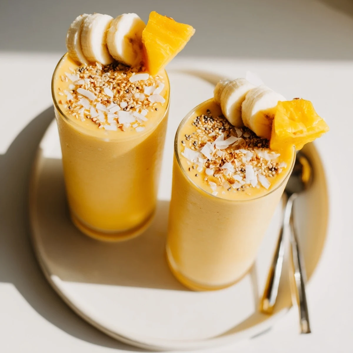 Early-morning Tropical Sunrise Protein Smoothie Recipe, velvety coconut-orange flavor fuels busy mornings