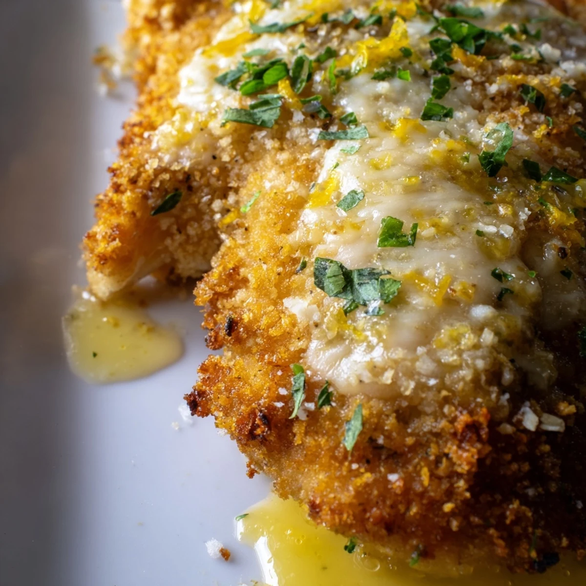 Plate of Lemon Chicken Romano drizzled with tangy butter garlic sauce and parsley