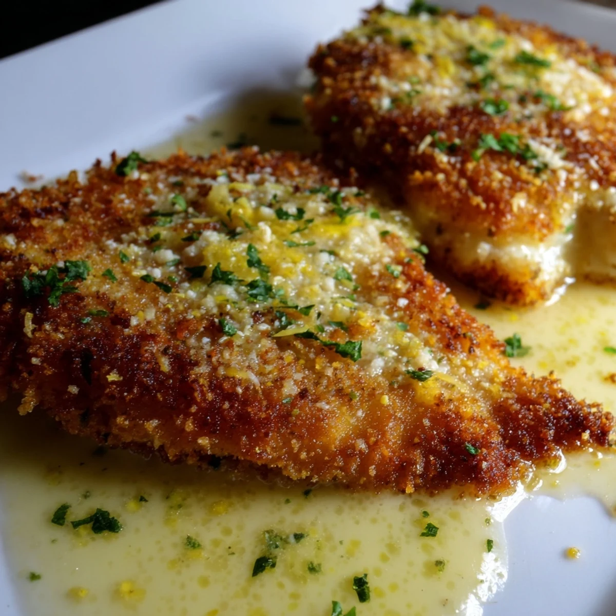 Lemon Chicken Romano cutlets served golden brown with light lemon sauce and garnish