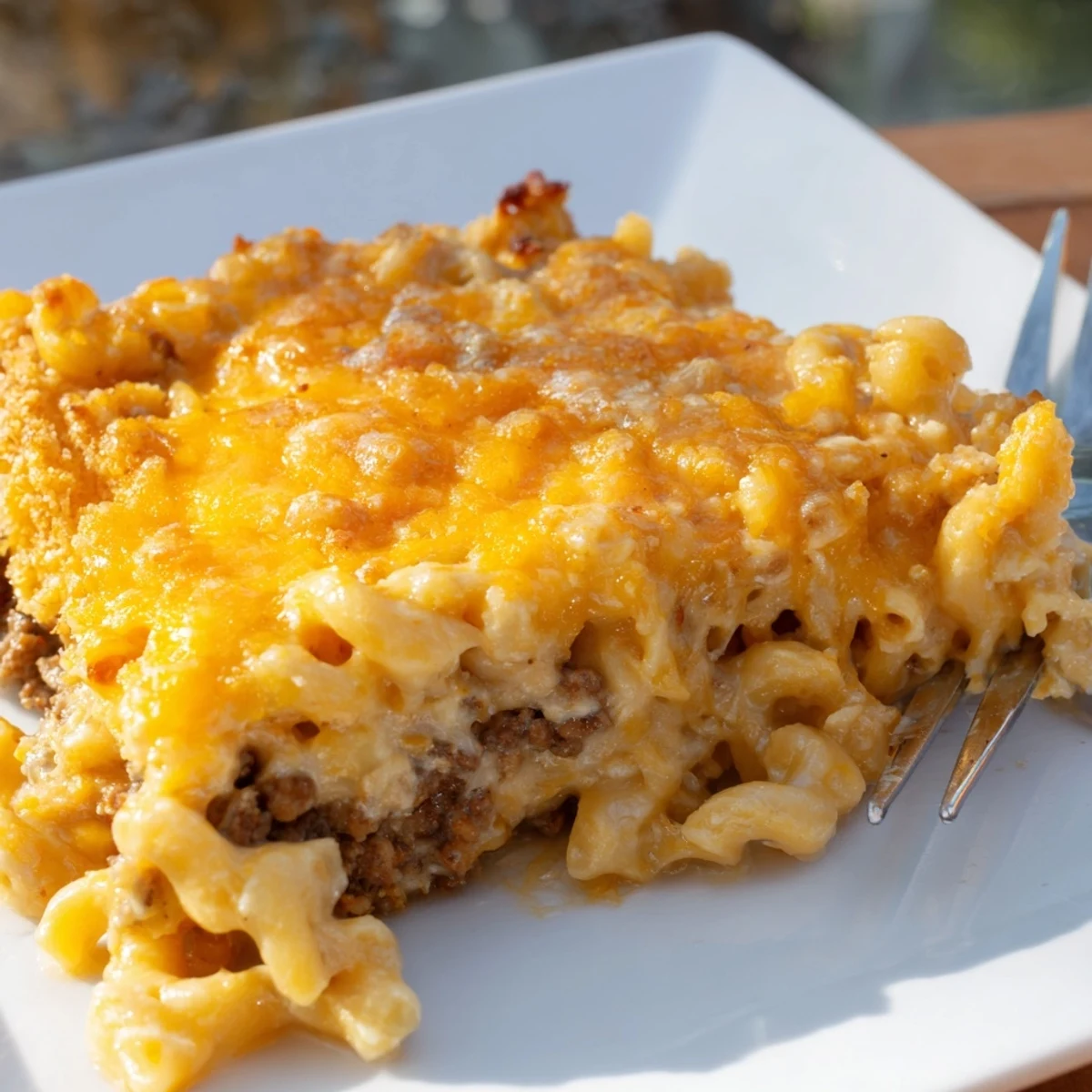 Hearty meatloaf and creamy macaroni cheese casserole fresh from the oven, steam rising from golden melted cheddar