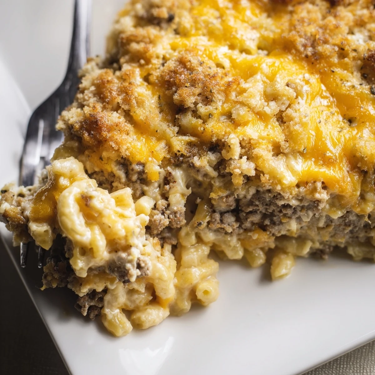 Golden baked mac and cheese meatloaf casserole with bubbling cheese topping and crispy breadcrumb garnish