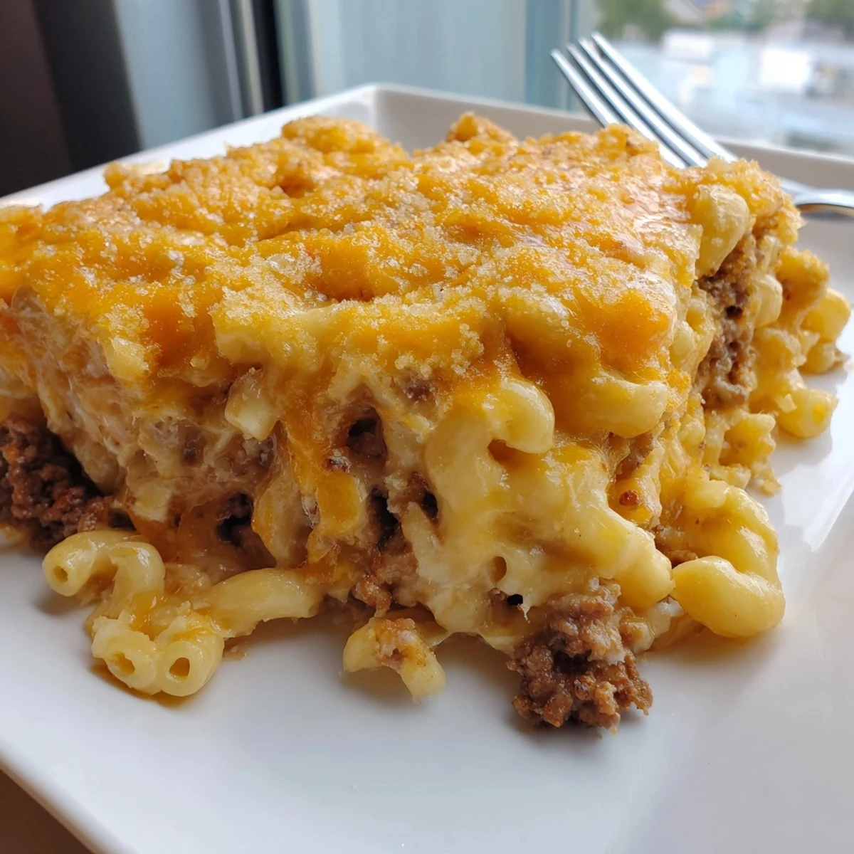 Sliced mac and cheese meatloaf casserole serving plated with fork showing layers of beef and cheesy pasta
