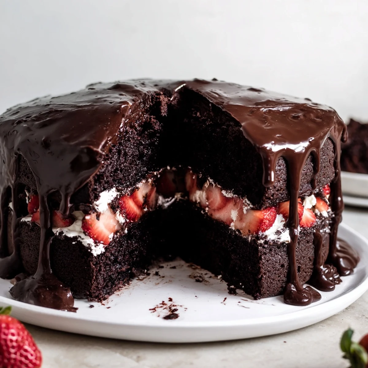 Decadent strawberry chocolate cake showcasing rich ganache draped over fresh strawberry layers