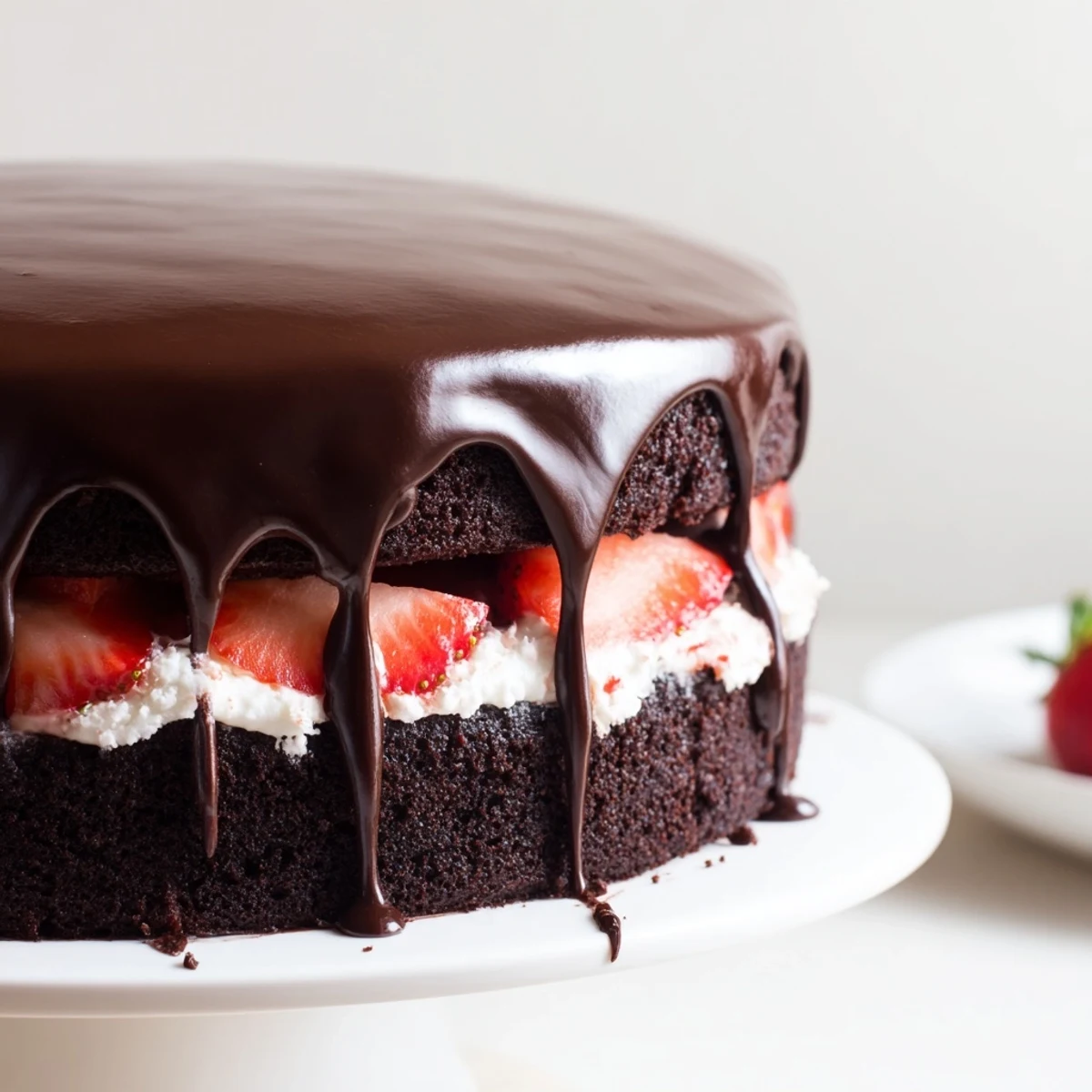 Moist chocolate cake stacked with juicy strawberries and glossy chocolate ganache topping