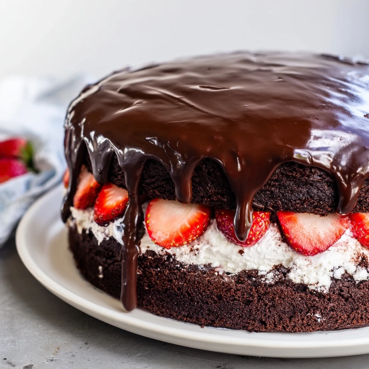 Slice of strawberry chocolate cake revealing fresh berries between tender chocolate layers