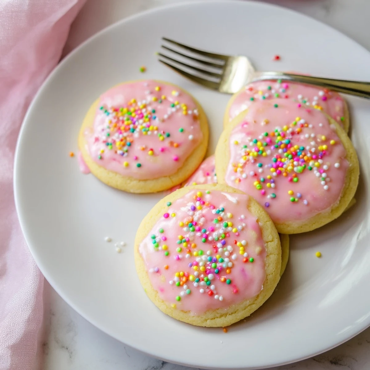 Soft homemade Strawberry Pop Tart Cookies feature strawberry jam centers with drizzled icing and colorful festive sprinkles