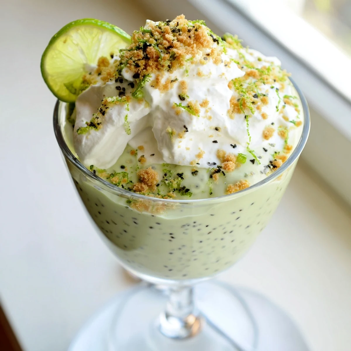 Vegan key lime chia pudding served in glass jars with graham cracker crumbs