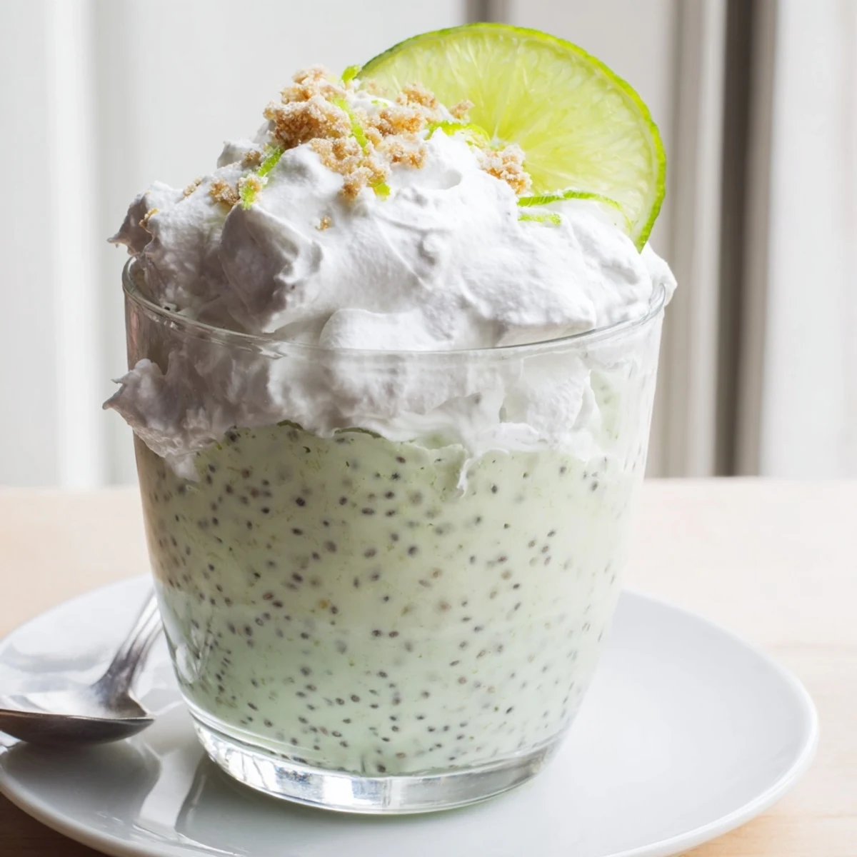 Creamy key lime chia pudding topped with whipped cream and fresh lime zest