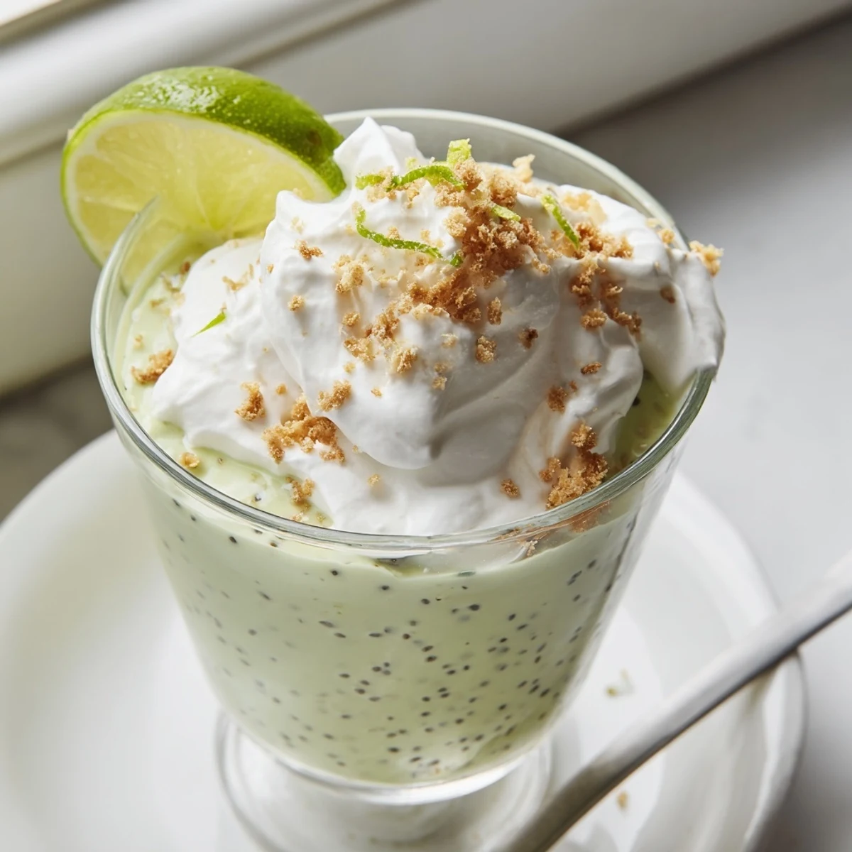 Zesty key lime chia pudding garnished with lime slices and coconut whipped cream