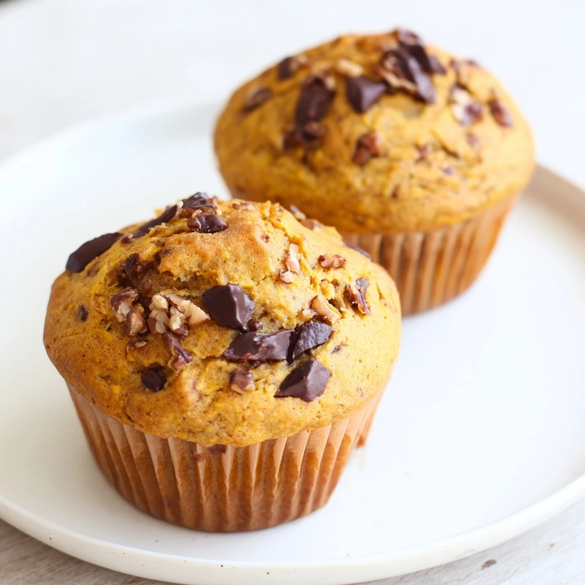 Golden butternut squash banana muffins topped with walnuts on a wire cooling rack