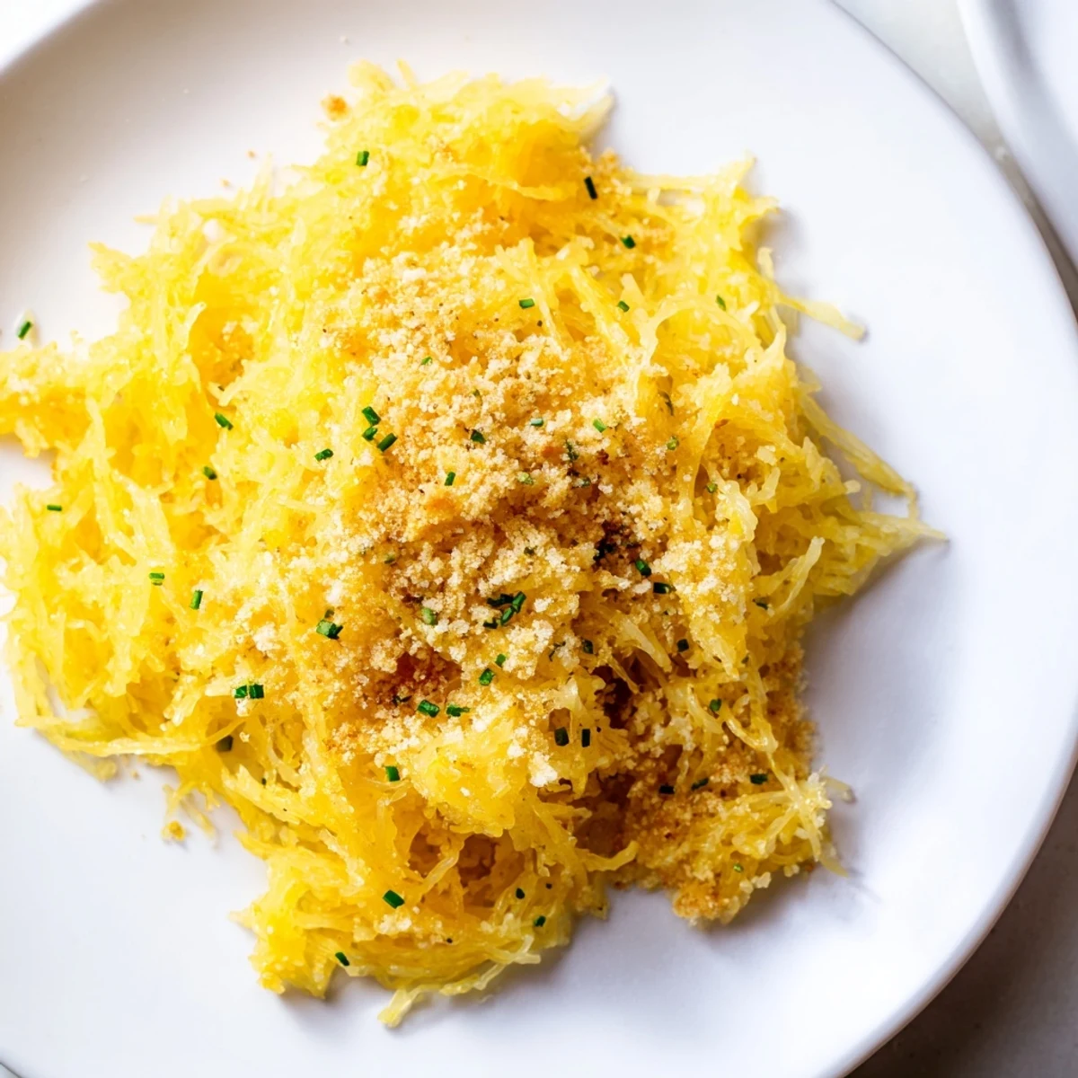 Golden cheesy spaghetti squash mac and cheese in a white baking dish with crispy breadcrumb topping and fresh chive garnish
