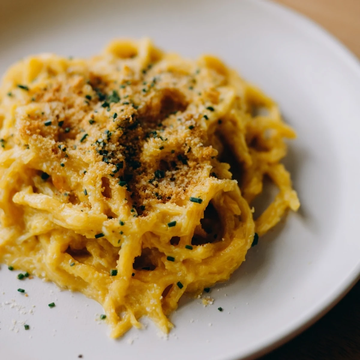 Creamy roasted spaghetti squash strands coated in rich cheddar Gruyère sauce plated on rustic wooden table