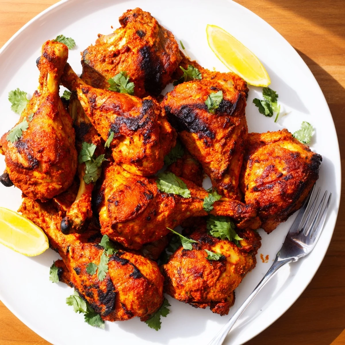 Golden tandoori chicken yogurt spice pieces roasted to smoky perfection with charred edges