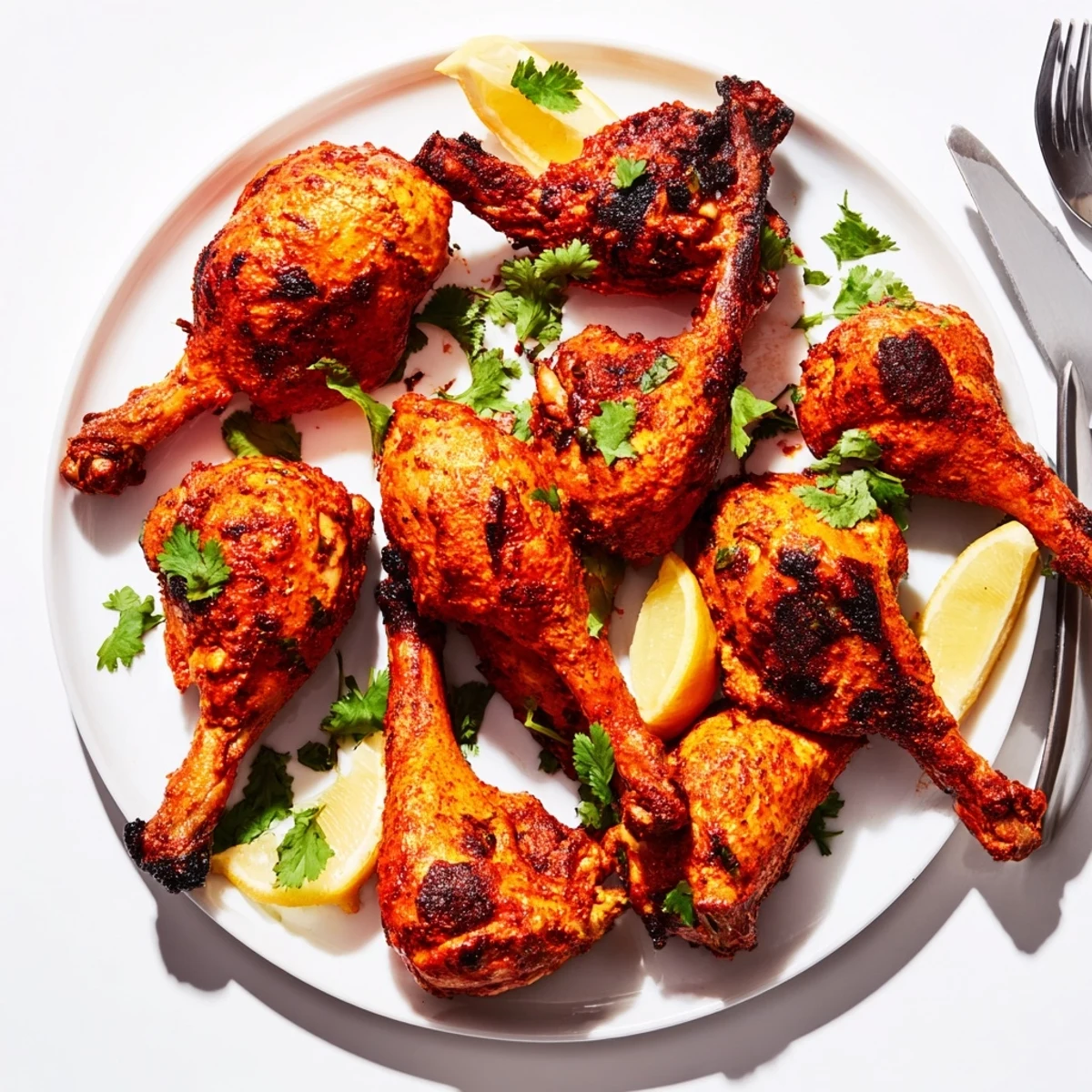 Tender chicken marinated in spiced yogurt blend, garnished with fresh cilantro and lemon