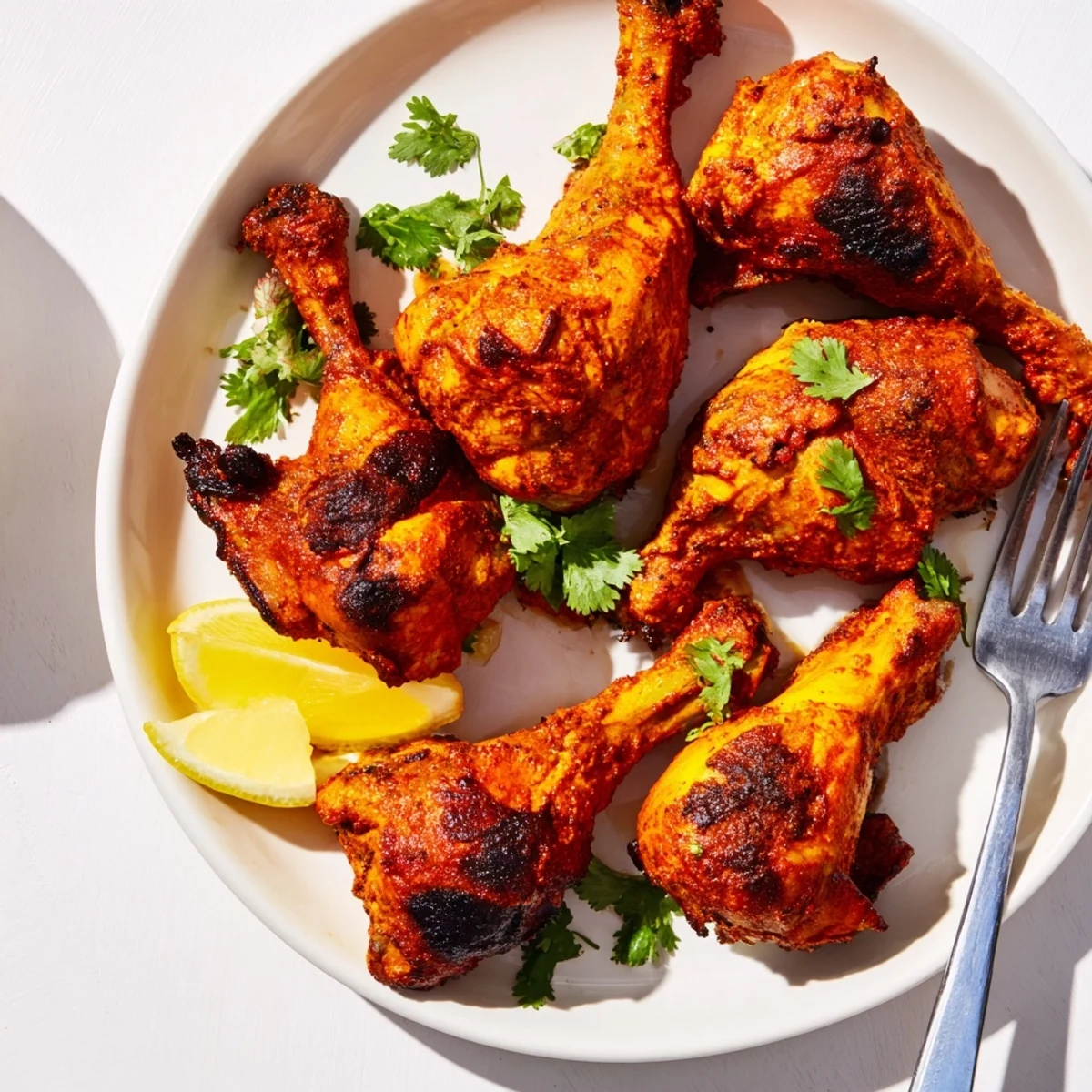 Succulent tandoori chicken thighs with vibrant red spices arranged on a serving platter
